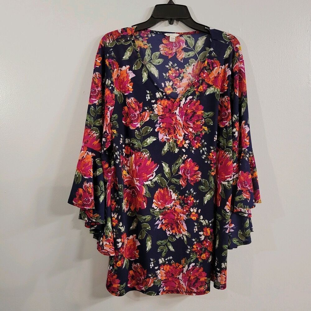 CATO size 14/16W Est 1946 Pullover blouse blue, red floral ruffle sleeve, fairy